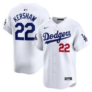 Men's Los Angeles Dodgers #22 Clayton Kershaw  White 2024 World Series Champions Home Limited Player Jersey