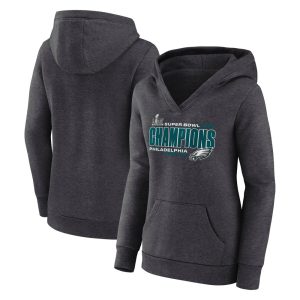 Women's Philadelphia Eagles   Heather Charcoal Super Bowl LIX Champions V-Neck Pullover Hoodie