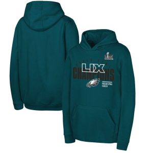 Youth Philadelphia Eagles   Midnight Green Super Bowl LIX Champions Iconic Victory Pullover Hoodie