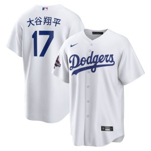 Men's Los Angeles Dodgers #17 Shohei Ohtani  White 2024 World Series Champions Home Japanese Characters Replica Player Jersey