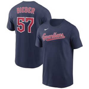 Men's Cleveland Guardians #57 Shane Bieber Nike Navy Name & Number T-Shirt