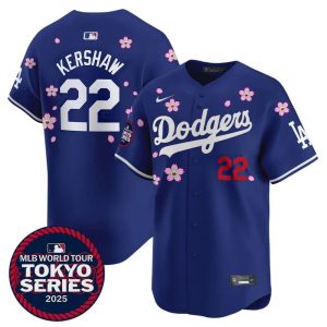 Youth Los Angeles Dodgers #22 Clayton Kershaw Bellinger Royal Tokyo 2025 Cool Base Stitched Baseball Jersey