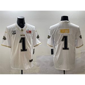 Men's Philadelphia Eagles #1 Jalen Hurts White/Gold 2025 Super Bowl LIX Patch And 3-star C Patch Salute To Service Vapor Untouchable Limited Stitched Football Jersey