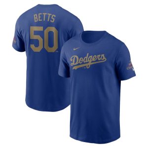 Youth Los Angeles Dodgers #50 Mookie Betts Royal 2025 Gold Collection Name & Number T-Shirt