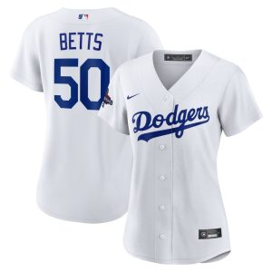 Women's Los Angeles Dodgers #50 Mookie Betts  White 2024 World Series Champions Home Replica Player Jersey