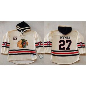 Blackhawks #27 Jeremy Roenick Cream Heavyweight Pullover Hoodie Stitched NHL Jersey