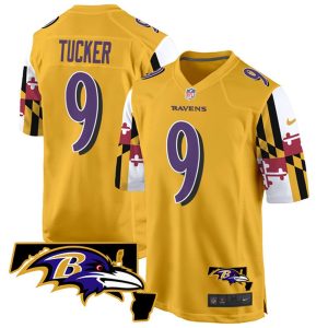Men's Baltimore Ravens #9 Justin Tucker Gold 2025 Maryland Flag Vapor Limited Football Game Jersey