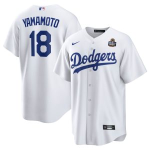 Men's Los Angeles Dodgers #18 Yoshinobu Yamamoto  White 2024 World Series Home Replica Player Jersey