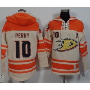 Ducks #10 Corey Perry Cream/Orange Sawyer Hooded Sweatshirt Stitched NHL Jersey