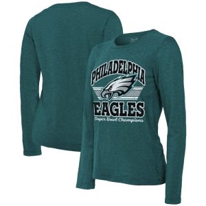 Women's Philadelphia Eagles   Threads Midnight Green Super Bowl LIX Champions Coffin Corner Boyfriend Long Sleeve Tri-Blend T-Shirt