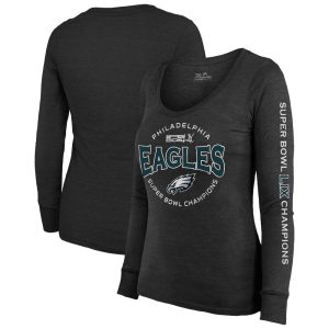 Women's Philadelphia Eagles   Threads Black Super Bowl LIX Champions Highlight Tri-Blend Scoop Neck Long Sleeve T-Shirt