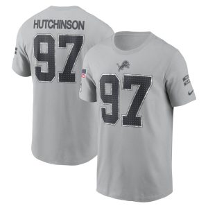 Men's Detroit Lions #97 Aidan Hutchinson  Gray 2024 Salute To Service Name & Number T-Shirt