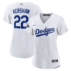 Women's Los Angeles Dodgers #22 Clayton Kershaw  White 2024 World Series Champions Home Replica Player Jersey