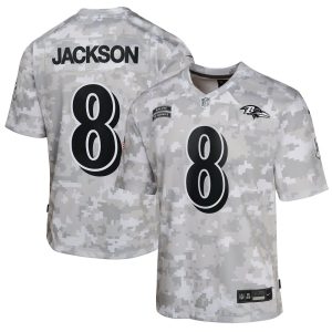 Youth Baltimore Ravens Lamar Jackson  Arctic Camo 2024 Salute to Service Game Jersey
