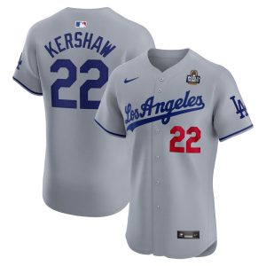 Men's Los Angeles Dodgers #22 Clayton Kershaw  Gray 2024 World Series Road Elite Player Jersey