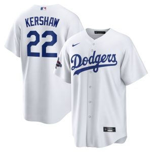 Men's Los Angeles Dodgers #22 Clayton Kershaw  White 2024 World Series Champions Home Replica Player Jersey