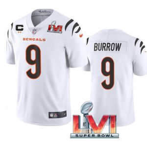 Men's Cincinnati Bengals #9 Joe Burrow 2022 White With C Patch Super Bowl LVI Vapor Limited Stitched Jersey