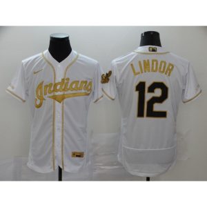 Men's Cleveland indians #12 Francisco Lindor 2020 White Golden Flex Base Stitched MLB Jersey