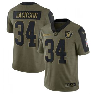 Men's Las Vegas Raiders #34 Bo Jackson 2021 Olive Salute To Service Limited Stitched Jersey