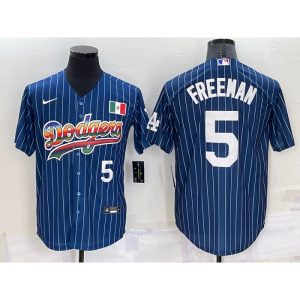 Men's Los Angeles Dodgers #5 Freddie Freeman Navy Mexico Rainbow Cool Base Stitched Baseball Jersey
