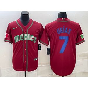 Men's Mexico Baseball #7 Julio Urias 2023 Red Blue World Baseball Classic Stitched Jersey