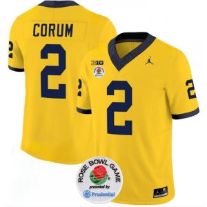 Men's Michigan Wolverines #2 Blake Corum 2023 F.U.S.E. Yellow Rose Bowl Patch Stitched Jersey