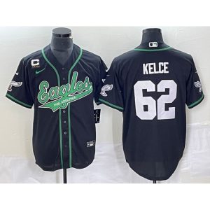 Men's Philadelphia Eagles #62 Jason Kelce Black With 4-star  C Patch Cool Base Stitched Baseball Jersey