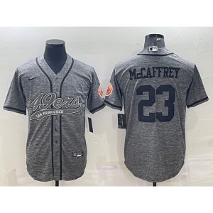 Men's San Francisco 49ers #23 Christian McCaffrey Grey With Patch Cool Base Stitched Baseball Jersey