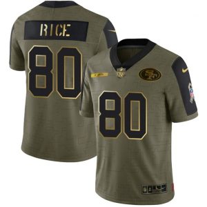 Men's San Francisco 49ers #80 Jerry Rice 2021 Olive Camo Salute To Service Golden Limited Stitched Jersey