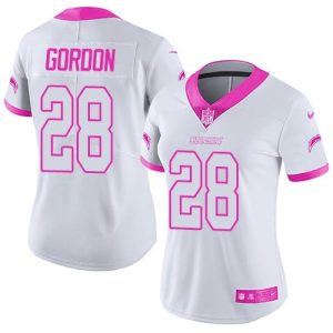 Chargers #28 Melvin Gordon White/Pink Women's Stitched NFL Limited Rush Fashion Jersey