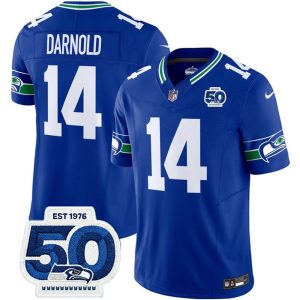 Youth Seattle Seahawks #14 Sam Darnold Royal 2025 F.U.S.E 50th Anniversary Patch Throwback Vapor Limited Stitched Football Jersey