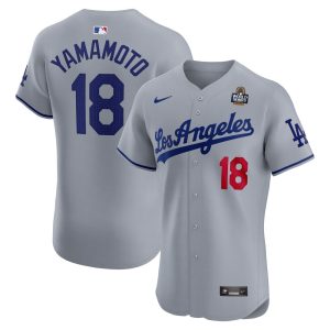 Men's Los Angeles Dodgers #18 Yoshinobu Yamamoto  Gray 2024 World Series Road Elite Player Jersey
