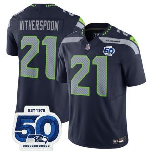 Men's Seattle Seahawks #21 Devon Witherspoon Navy 2025 F.U.S.E. 50th Anniversary Patch Vapor Untouchable Limited Stitched Football Jersey