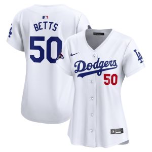 Women's Los Angeles Dodgers #50 Mookie Betts  White 2024 World Series Champions Home Limited Player Jersey