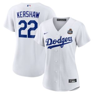 Women's Los Angeles Dodgers #22 Clayton Kershaw  White 2024 World Series Home Home Replica Jersey