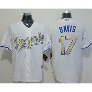 Royals #17 Wade Davis White New Cool Base 2015 World Series Champions Gold Program Stitched MLB Jersey