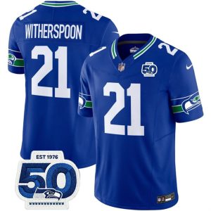 Men's Seattle Seahawks #21 Devon Witherspoon Royal 2025 F.U.S.E 50th Anniversary Patch Throwback Vapor Limited Stitched Football Jersey