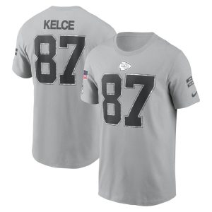 Men's Kansas City Chiefs #87 Travis Kelce  Gray 2024 Salute To Service Name & Number T-Shirt