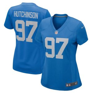 Women's Detroit Lions #97 Aidan Hutchinson  Blue Player Jersey