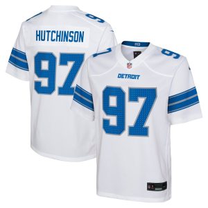Youth Detroit Lions #97 Aidan Hutchinson  White Player Game Jersey
