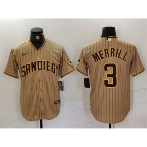Men's San Diego Padres #3 Jackson Merrill Tan Cool Base Stitched Baseball Jersey
