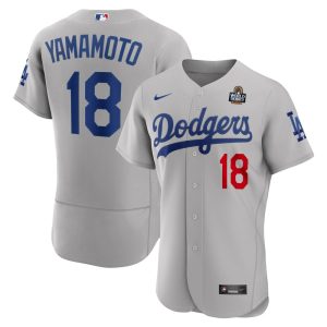 Men's Los Angeles Dodgers #18 Yoshinobu Yamamoto  Gray 2024 World Series Alternate Authentic Player Jersey