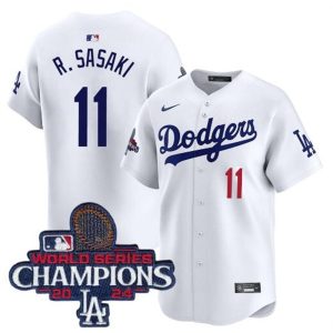 Men's Los Angeles Dodgers #11 Roki Sasaki White 2024 World Series Champions Home Limited Stitched Baseball Jersey