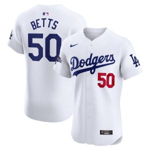 Men's Los Angeles Dodgers #50 Mookie Betts  White 2024 World Series Champions Home Elite Player Jersey