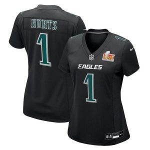Women's Philadelphia Eagles #1 Jalen Hurts  Carbon Black Super Bowl LIX Fashion Game Player Jersey