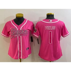 Women's Chicago Bears #1 Justin Fields Pink With Patch Cool Base Stitched Baseball Jersey(Run Small)