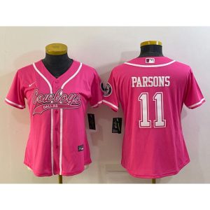 Women's Dallas Cowboys #11 Micah Parsons Pink With Patch Cool Base Stitched Baseball Jersey(Run Small)