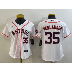 Women's Houston Astros #35 Justin Verlander White With Patch Cool Base Stitched Baseball Jersey(Run Small)