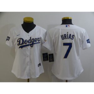 Women's Los Angeles Dodgers #7 Julio Urias White Gold Championship Cool Base Stitched Jersey(Run Small)