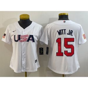 Women's USA Baseball #15 Bobby Witt Jr. 2023 White World Baseball Classic Stitched Jersey(Run Small)